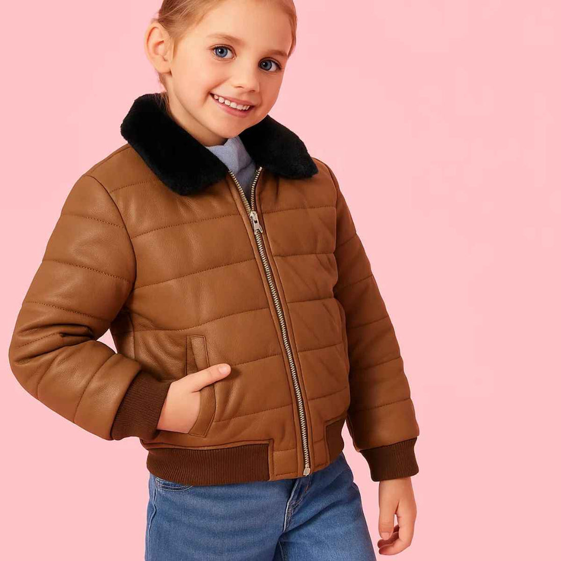 Girls Camel Color Synthetic Leather  Jacket (A-2759)