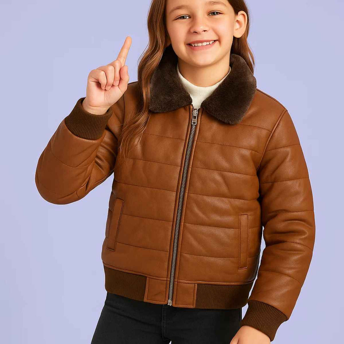 Girl Caramel Color Synthetic Leather Jacket (A-2760)