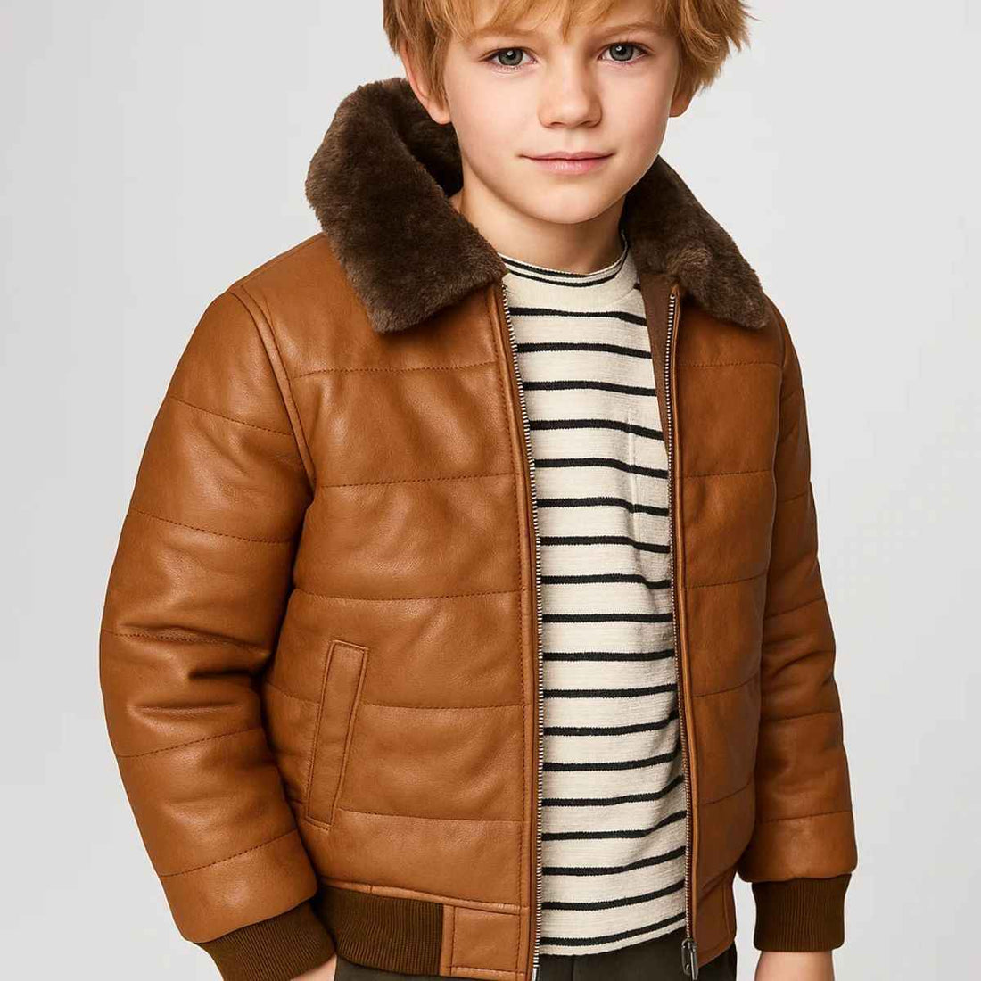 Boys Caramel Color Synthetic Leather Jacket (A-2760)