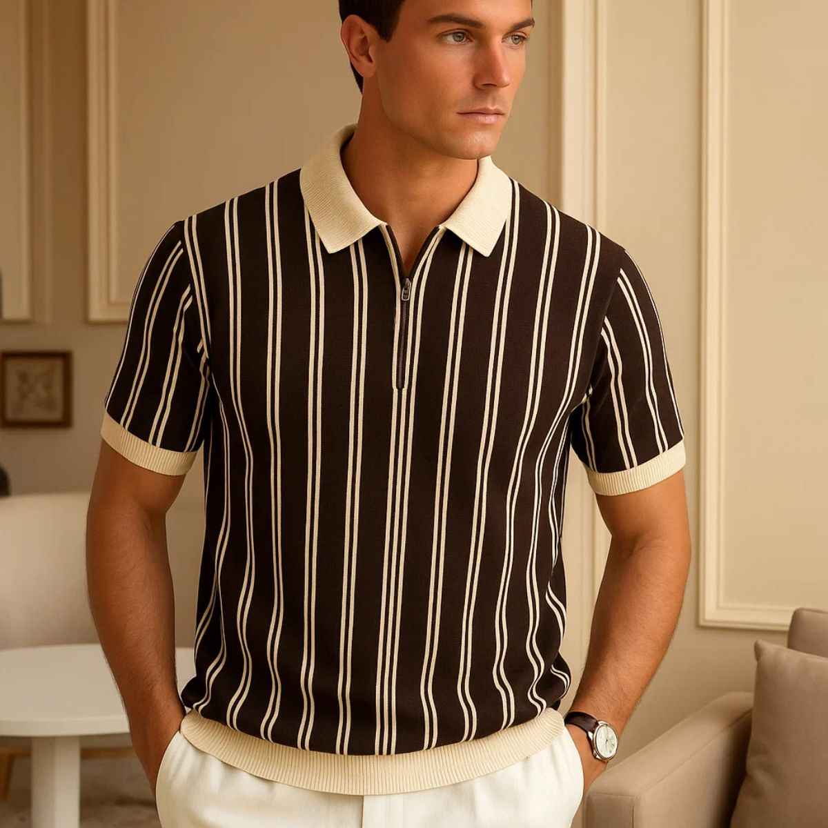 Mens Brown Color Contrast Old Money Polo (A-3675)