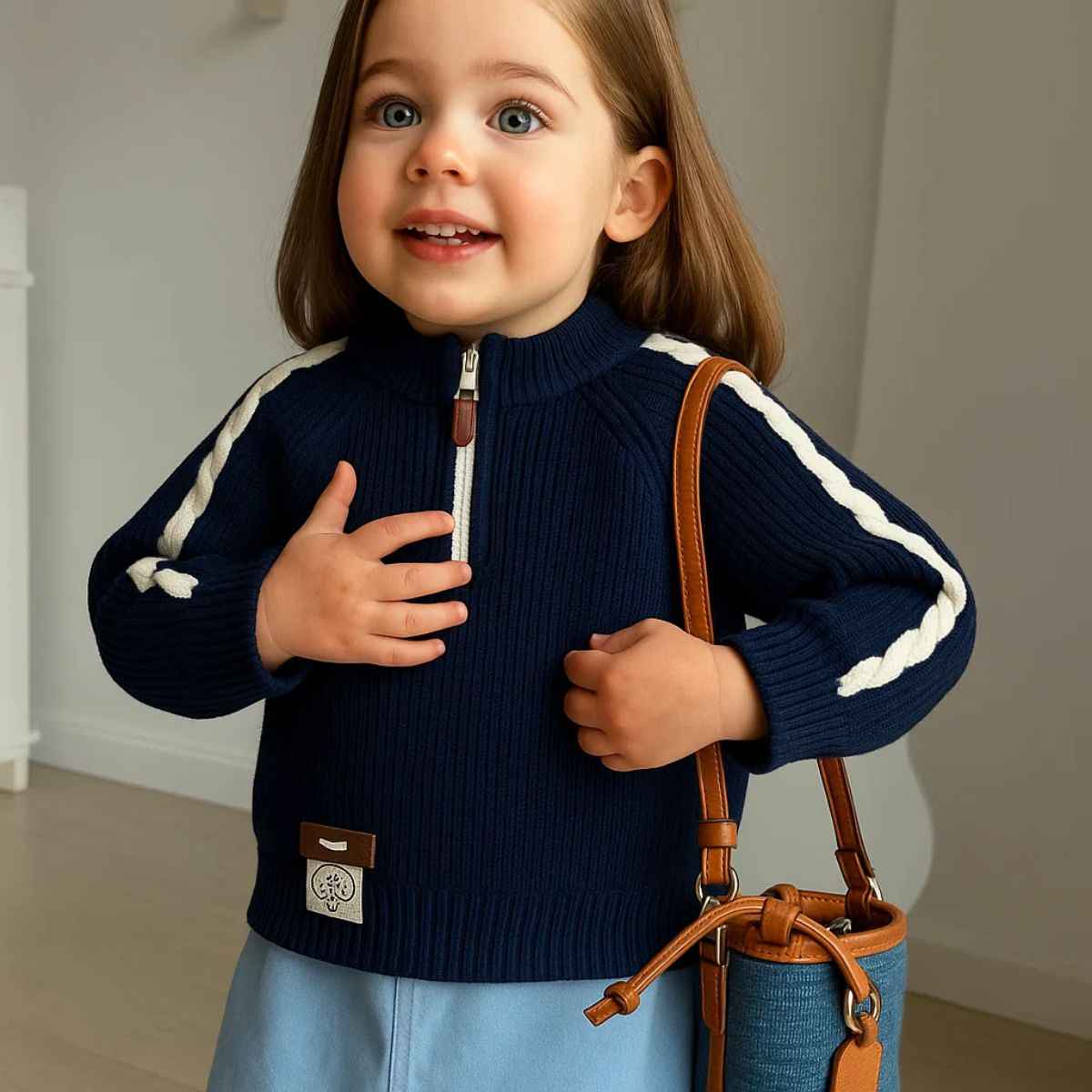 Navy Blue Girls Round Neck Sweater (A-3688)