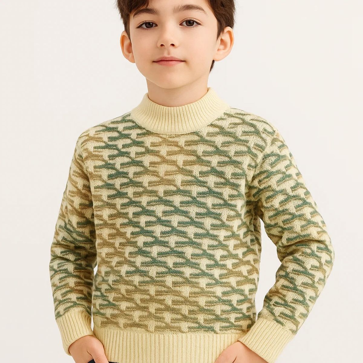 Green Shaded Beige Color Boy & Girls Round Neck Sweater (A-3700)