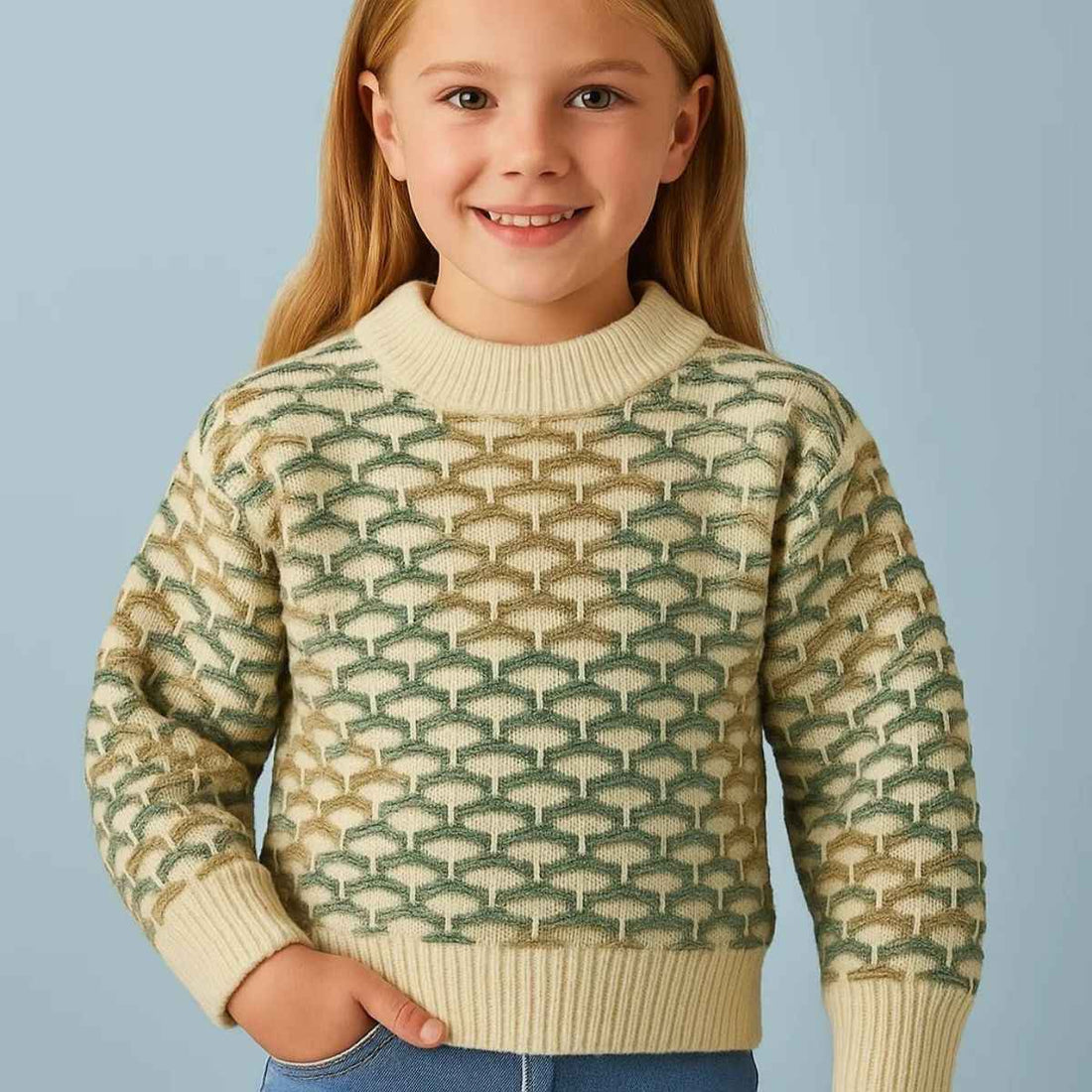 Cable Knit Green Shaded Beige Color Sweater (A-3700)