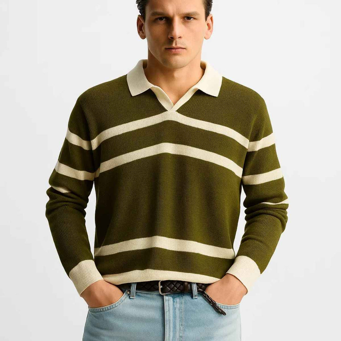 Olive Green V-Neck Stripe Sweater (A-3757)