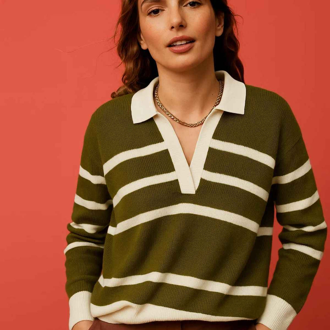 Olive Green V-Neck Stripe Sweater (A-3757)