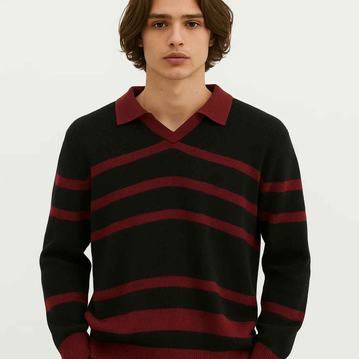 Black & Blood Red V-Neck Full Sweater (A-3757)