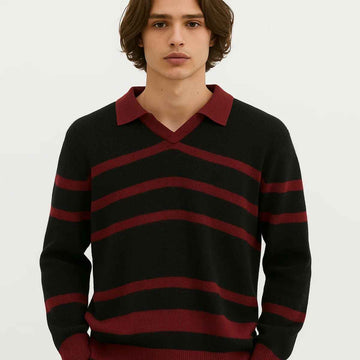 Black & Blood Red V-Neck Full Sweater (A-3757)