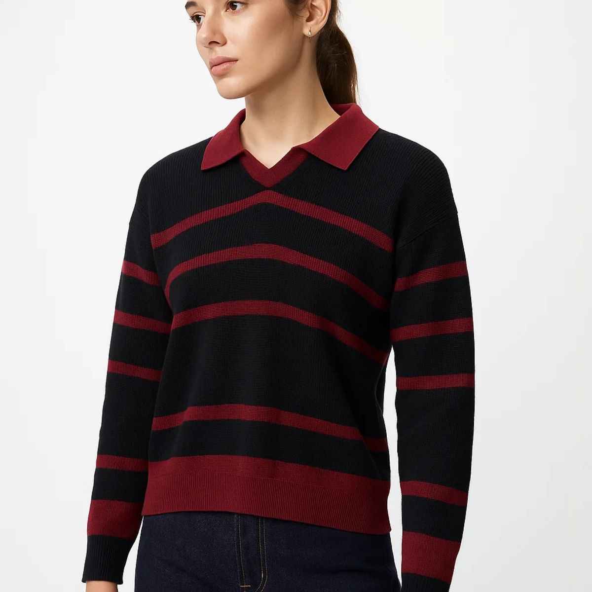 Black & Blood Red V-Neck Full Sweater (A-3757)