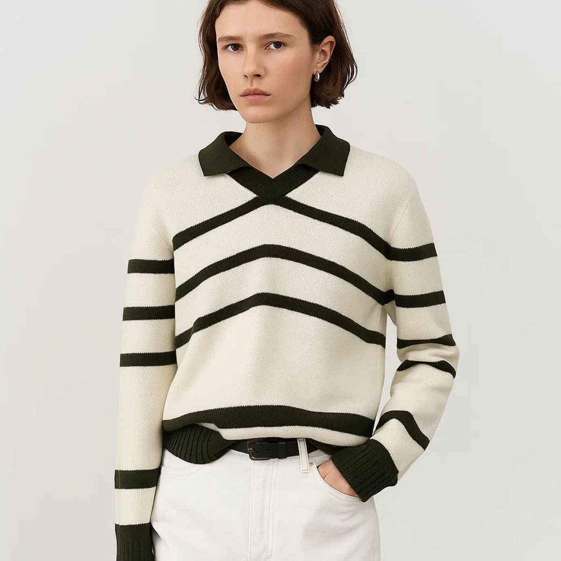 Olive Green Striped V-Neck Sweater (A-3757)