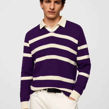 Purple White Striped V-Neck Sweater (A-3757)