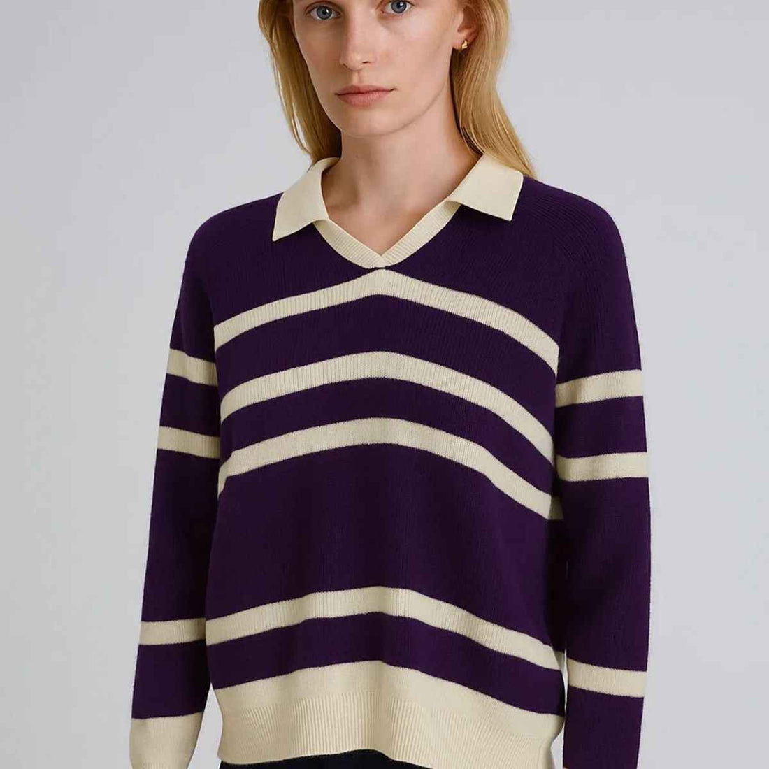 Purple White Striped V-Neck Sweater (A-3757)
