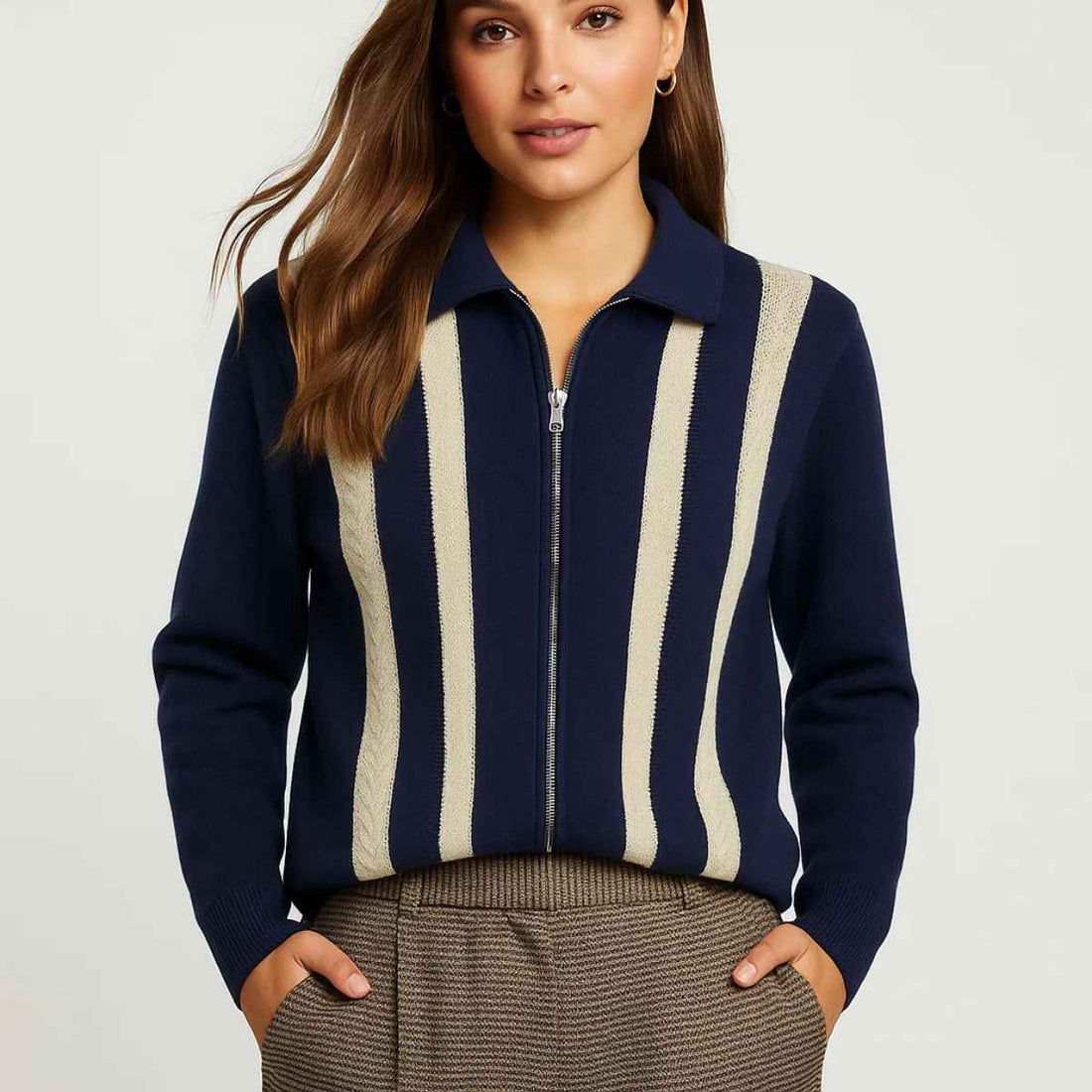 Self Pattern Navy Blue & White Stripes Zipper (A-3764)