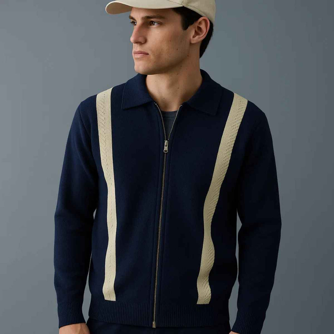 Self Pattern Navy Blue & White Stripes Zipper (A-3764)