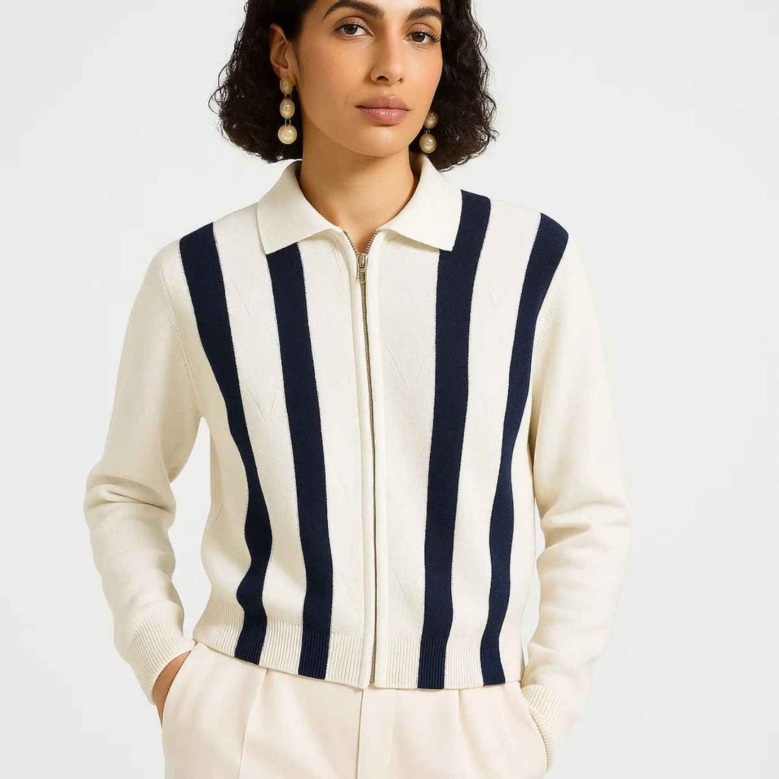 Navy Blue & White Stripes Self Pattern Zipper (A-3764)