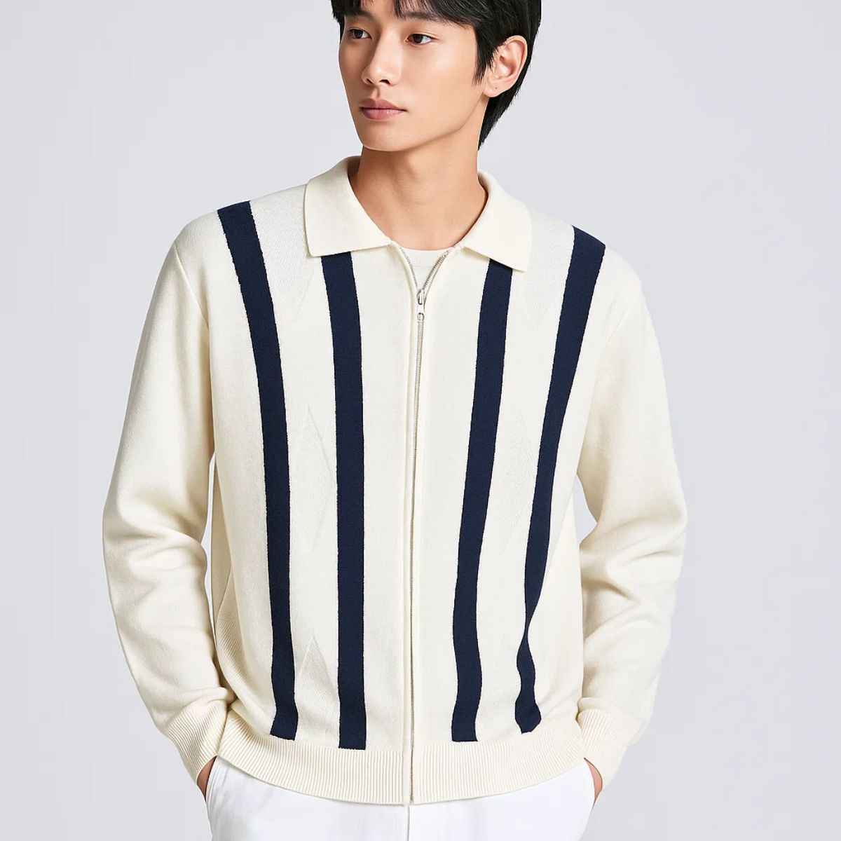 Navy Blue & White Stripes Self Pattern Zipper (A-3764)