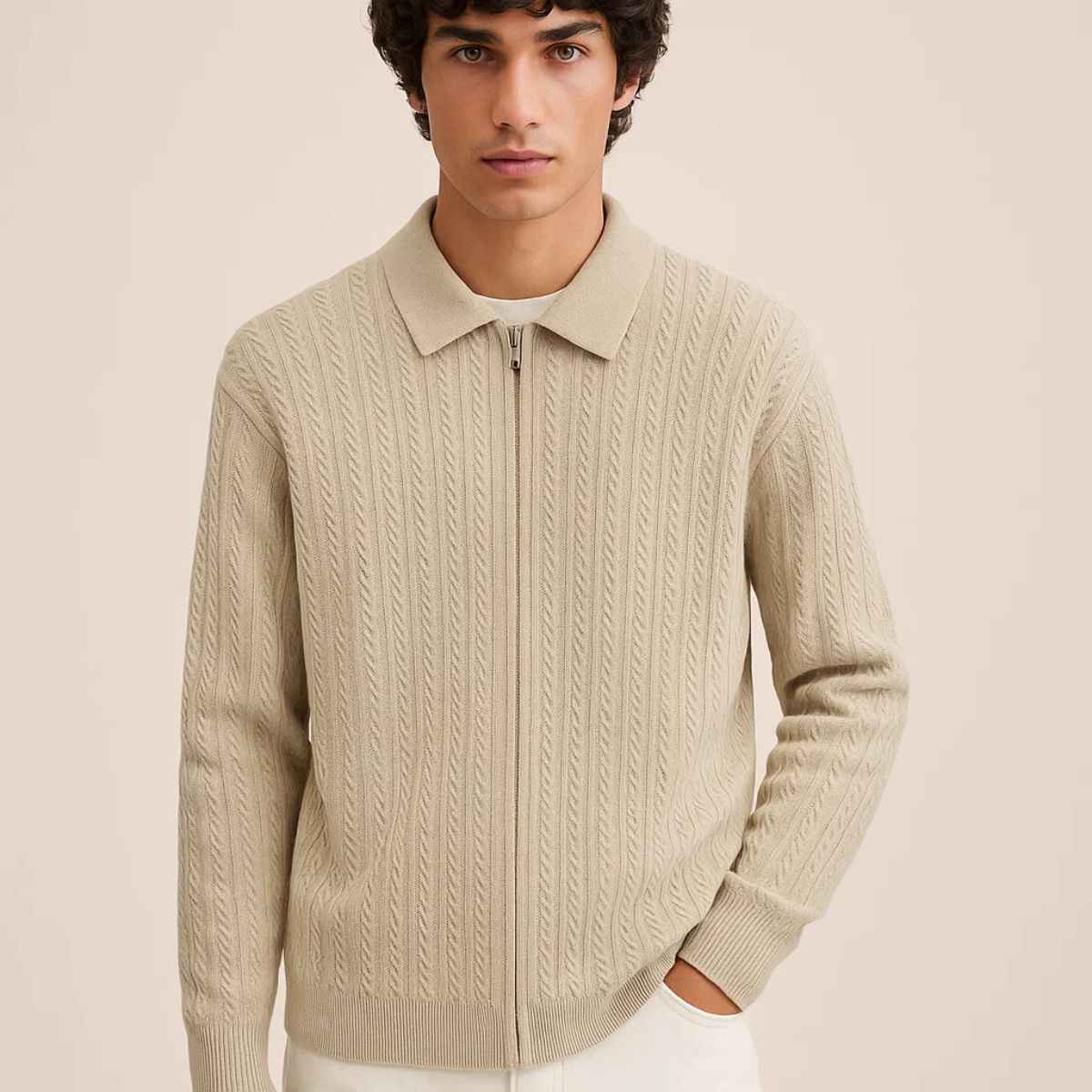 Beige Color Self Cable Knit Zipper (A-3763)