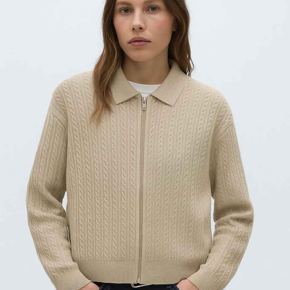 Beige Color Self Cable Knit Zipper (A-3763)