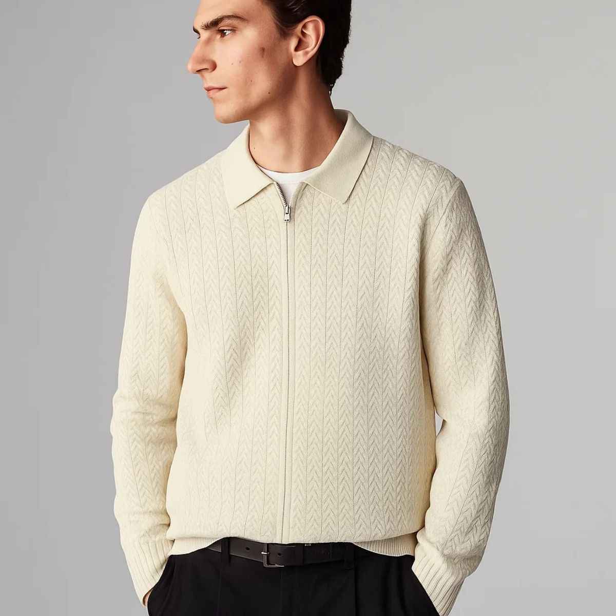 Off White Cable Knit Self Lining Zipper (A-3763)