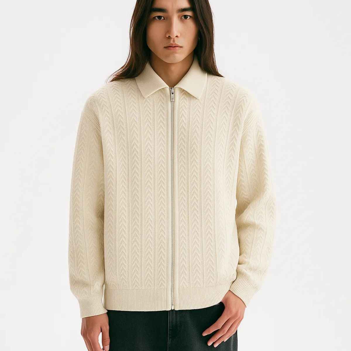 Off White Cable Knit Self Lining Zipper (A-3763)