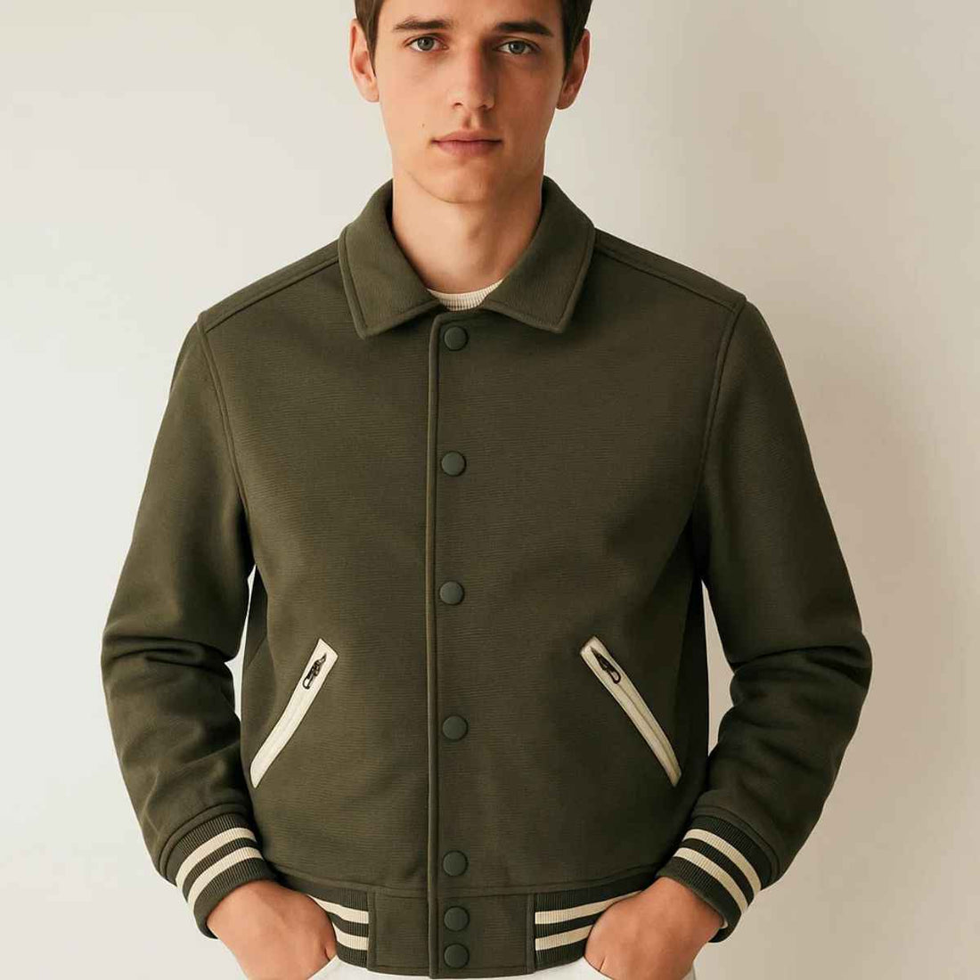 Olive Green Waffle Pattern Button Style Jacket (A-3771)