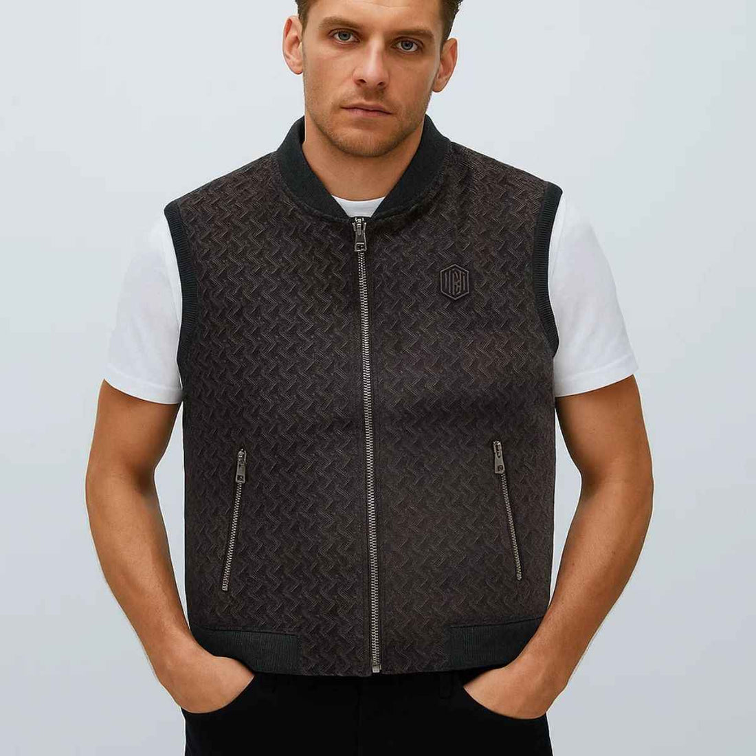 Velvet Wool Mens Sleeveless Zipper Jacket (A-3773)