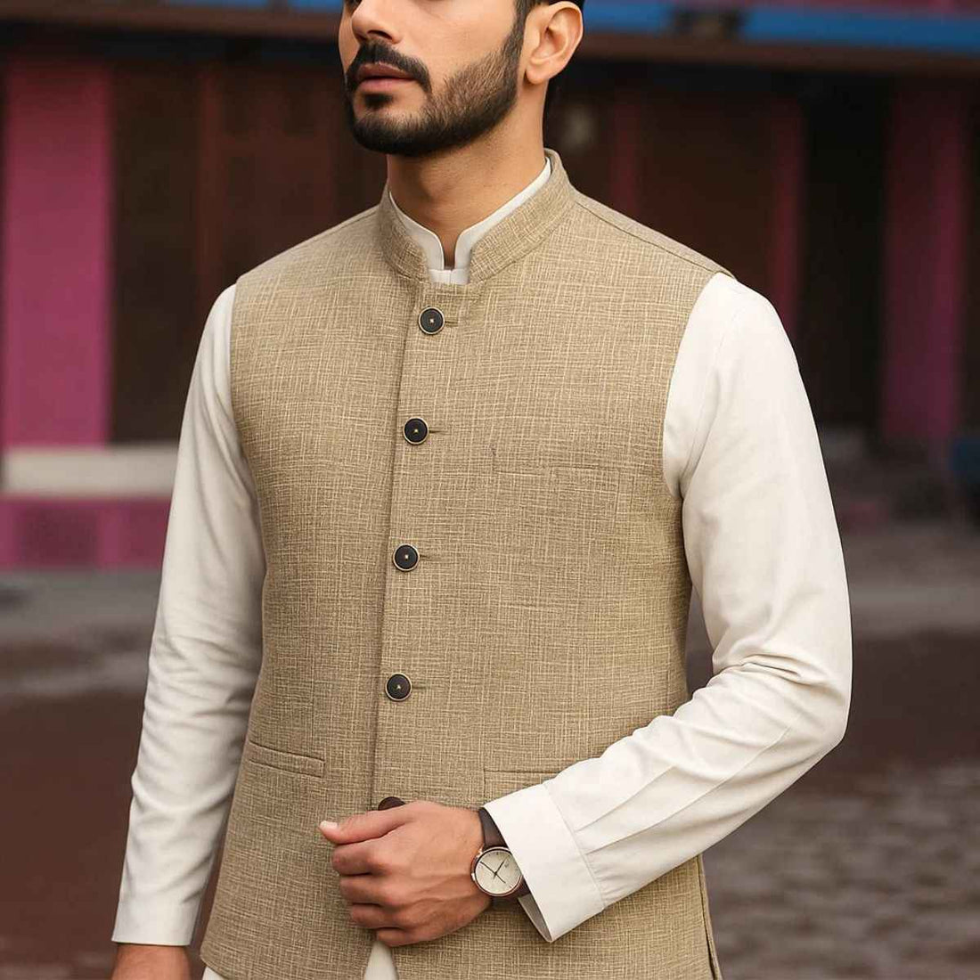 Camel Khadi Waist Coat (A-2363)