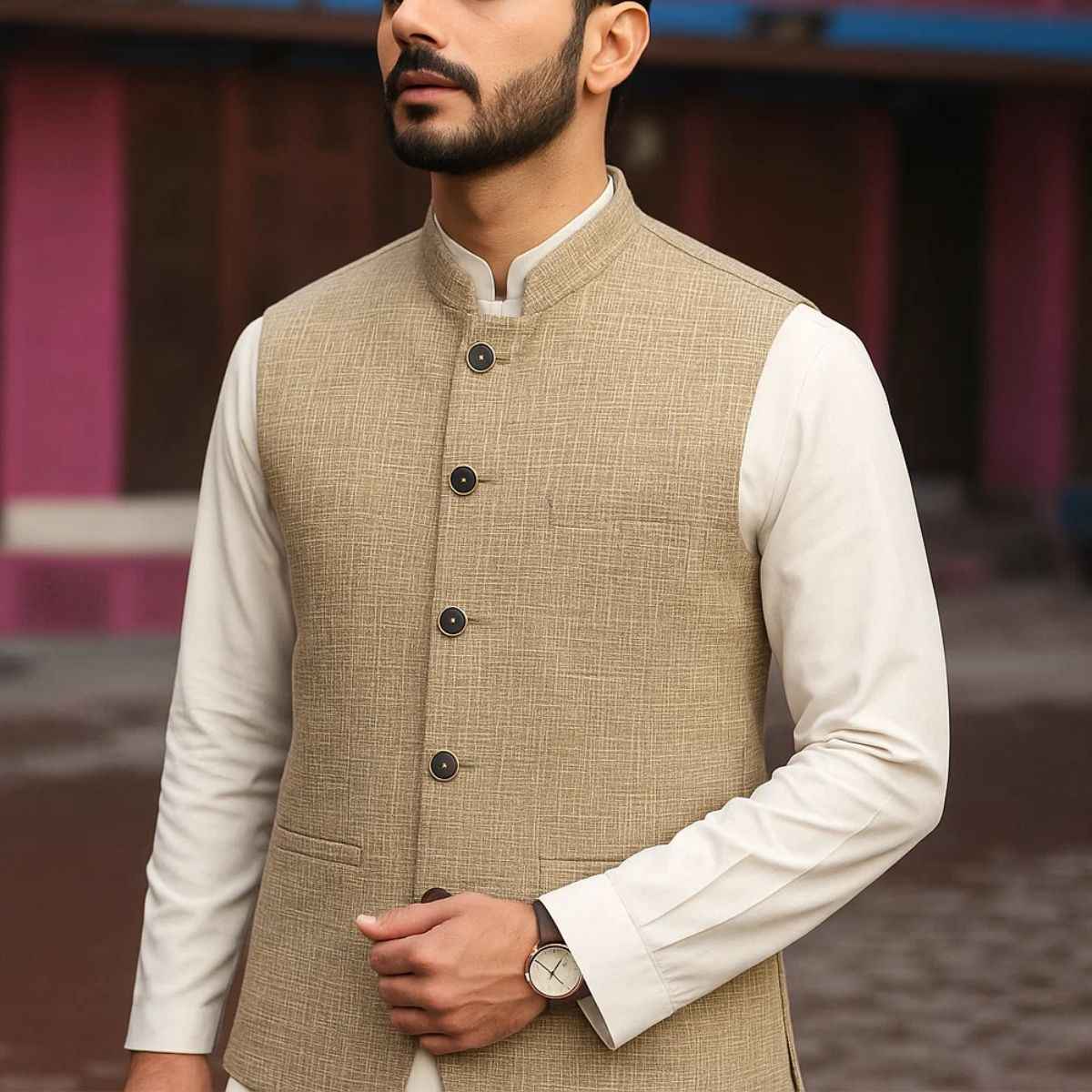 Camel Khadi Waist Coat (A-2363)