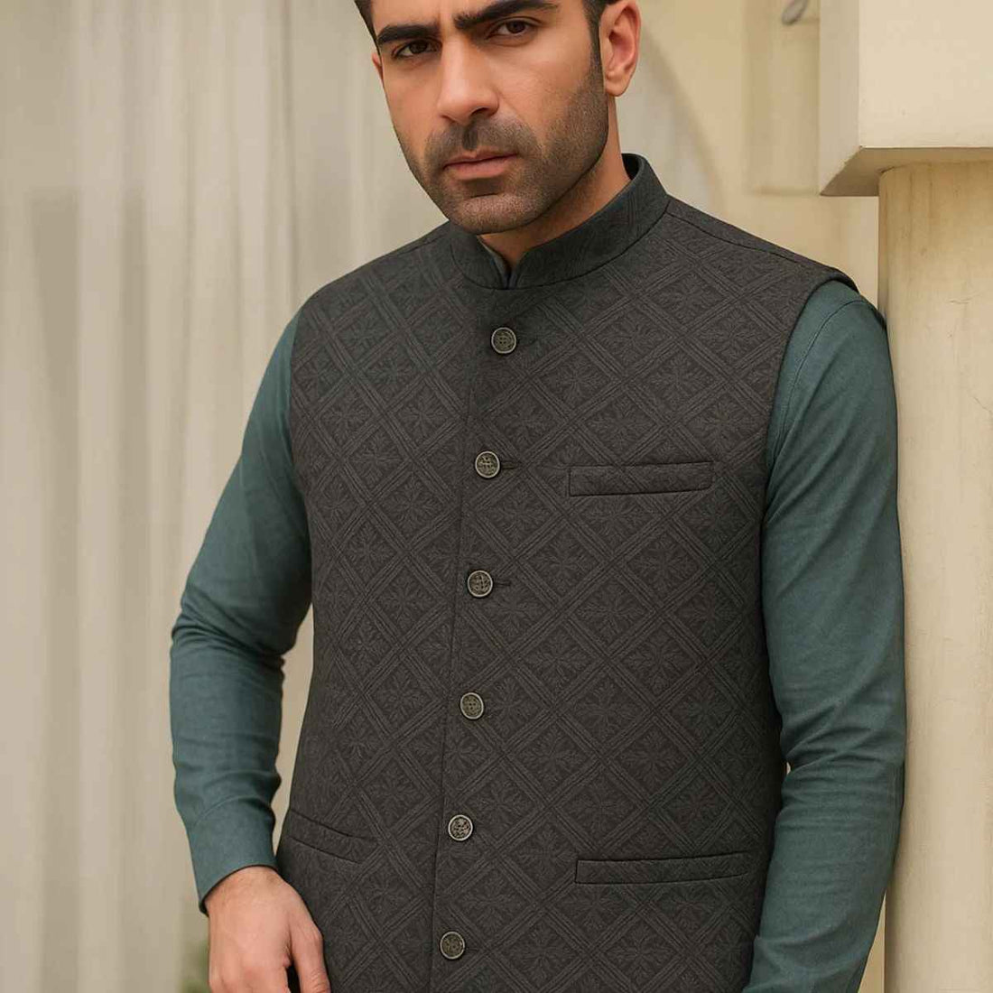 Grey Self Embroidery Waist Coat (A-2353)