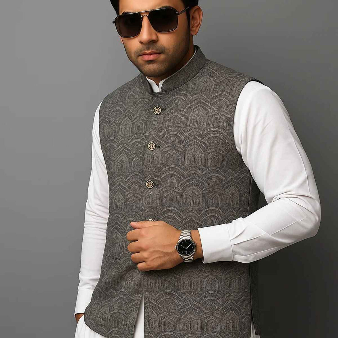 Olive Embroidery Waist Coat (A-2365)