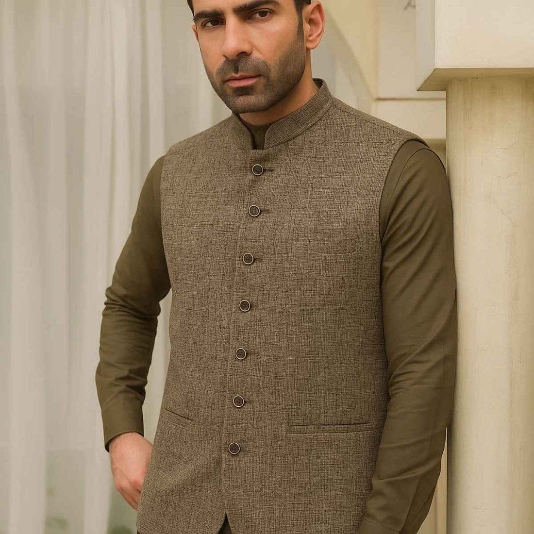 Brown Khadi Waist Coat (A-2370)