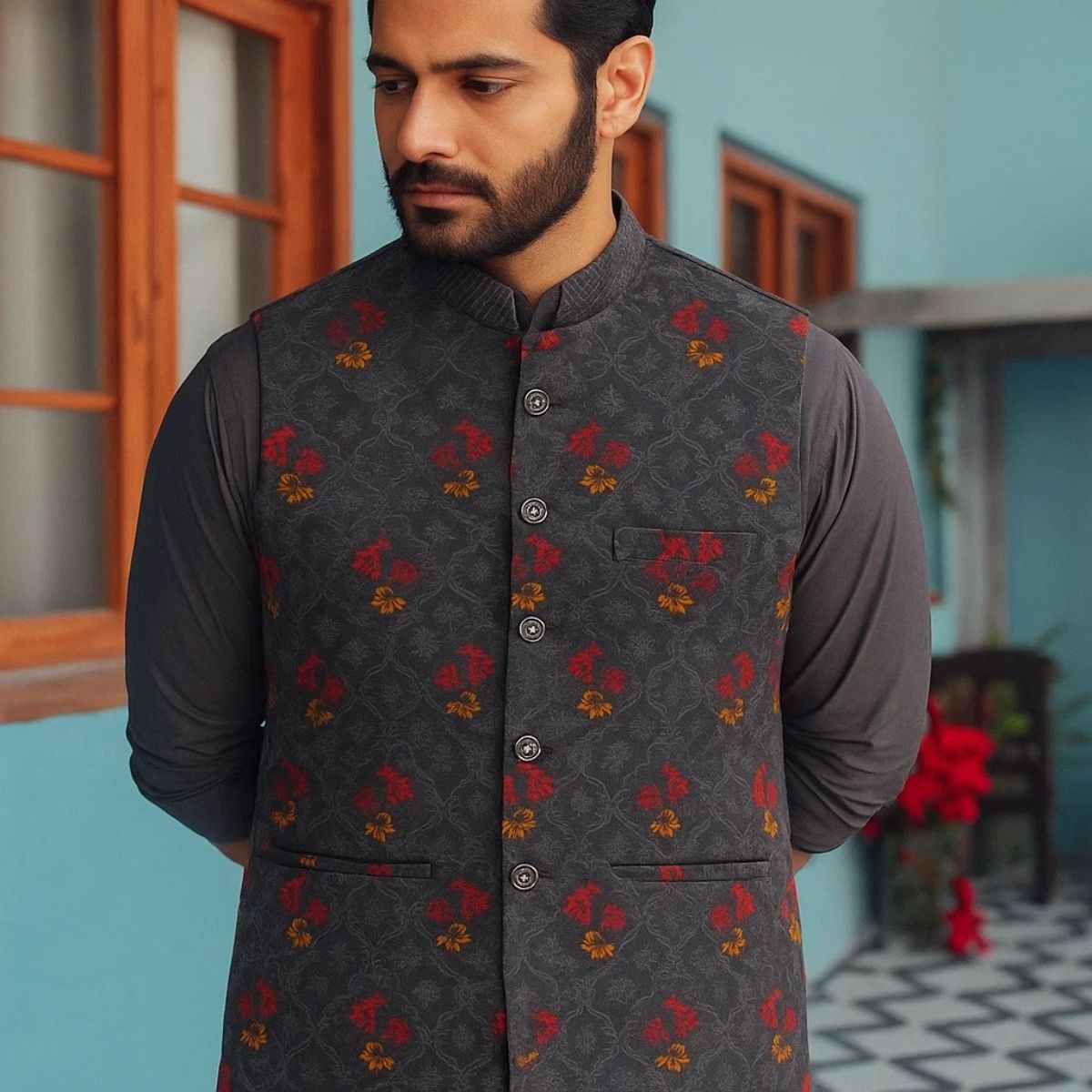 Grey Embroidery Waistcoat (A-2366)