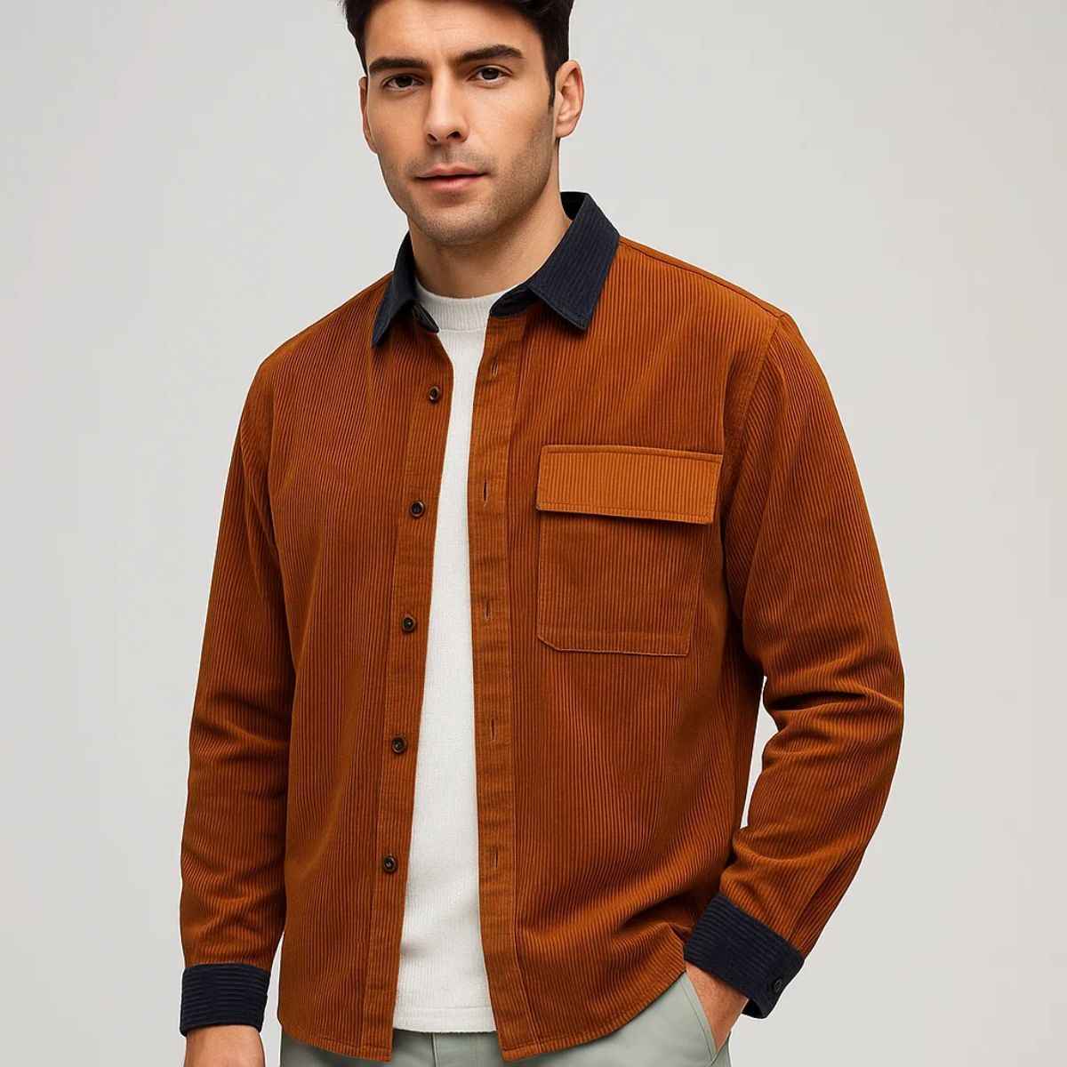 Mens Corduroy Velvet Double Pocket Style Shirt (A-3813)