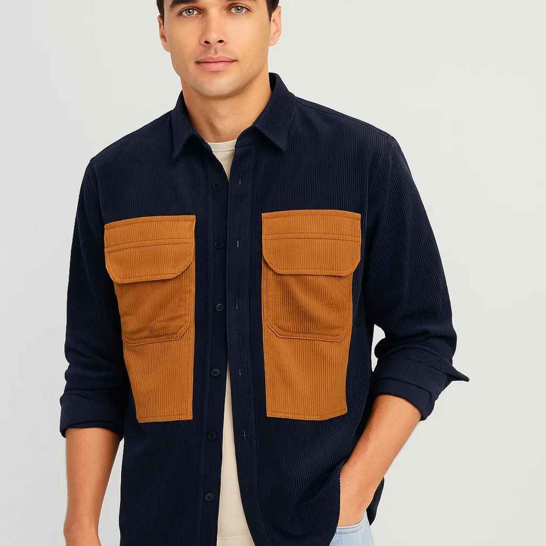 Mens Flap Pocket Style Corduroy Velvet Shirt (A-3815)