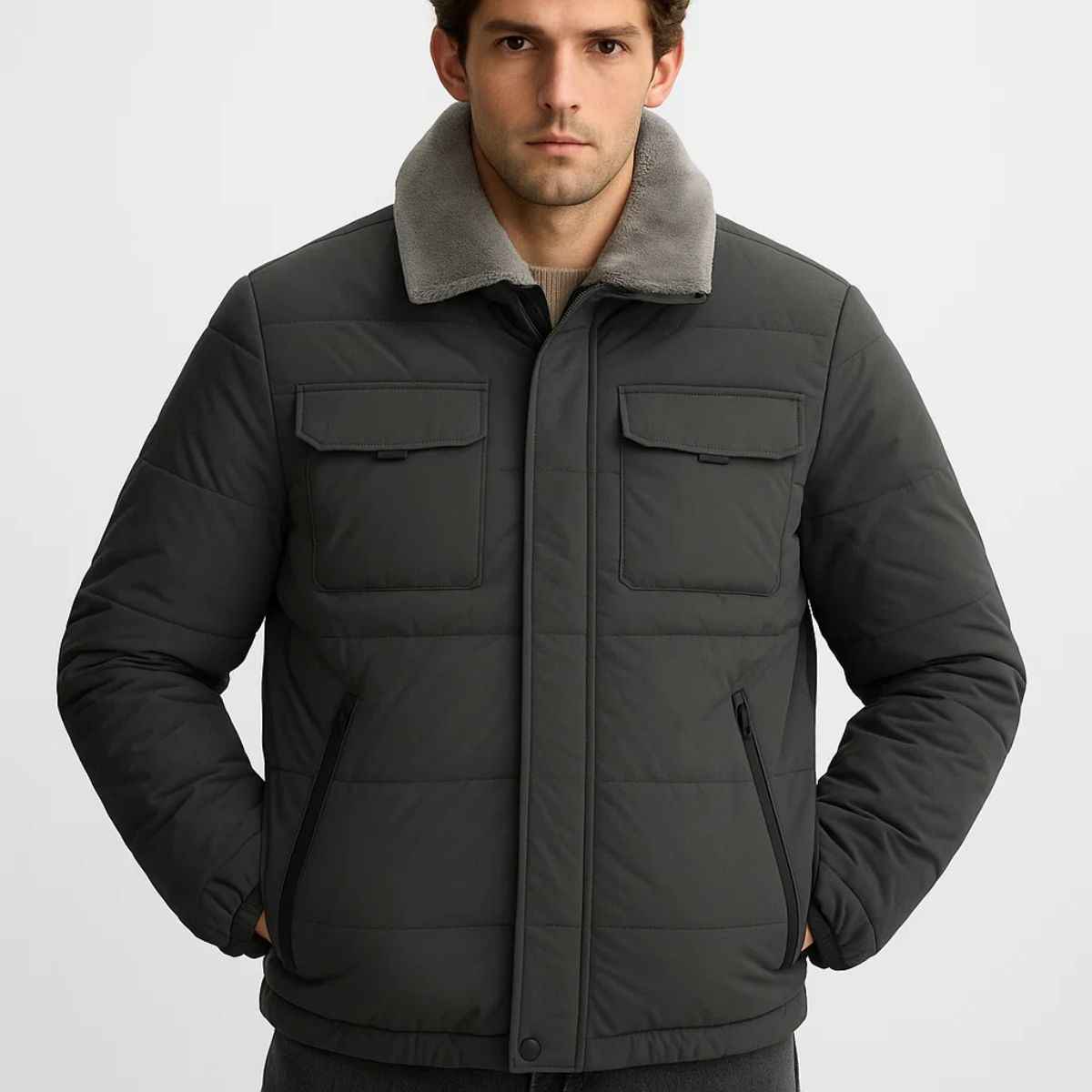 Rib Collar Light Olive Green Puffer Jacket (A-3735)