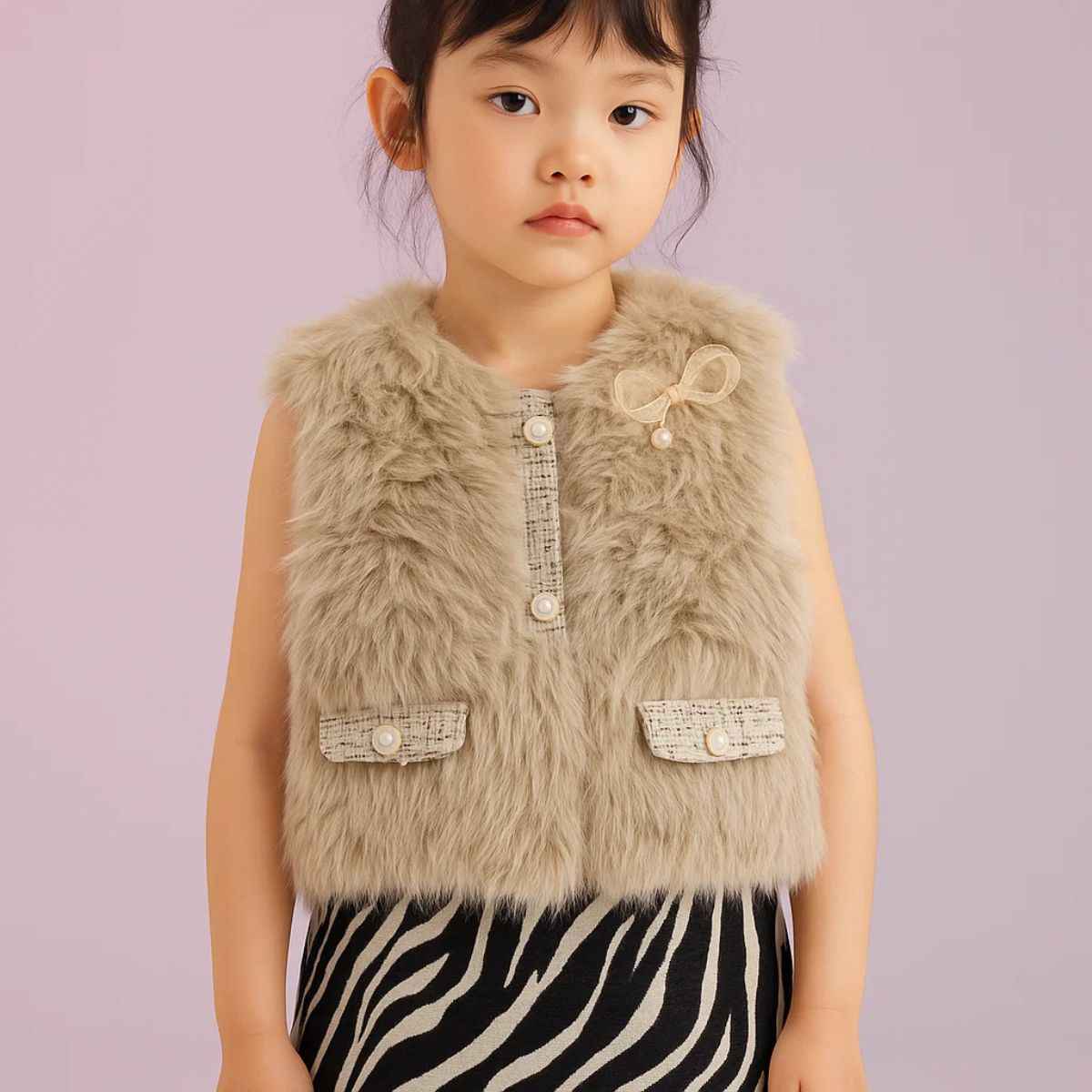 Beige & Pink Teddy Vest Half Jacket (A-3866)