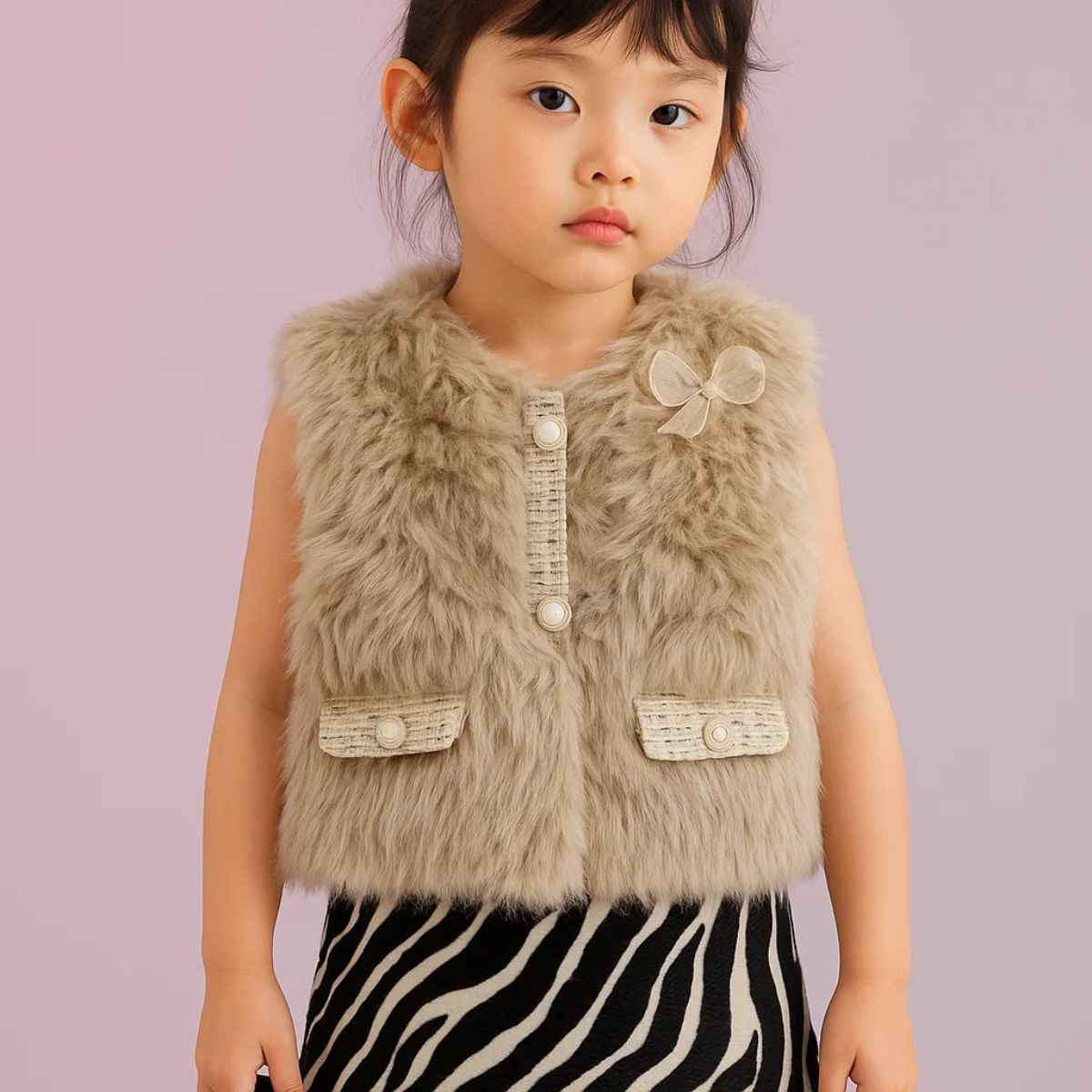 Beige & Pink Teddy Vest Half Jacket (A-3866)