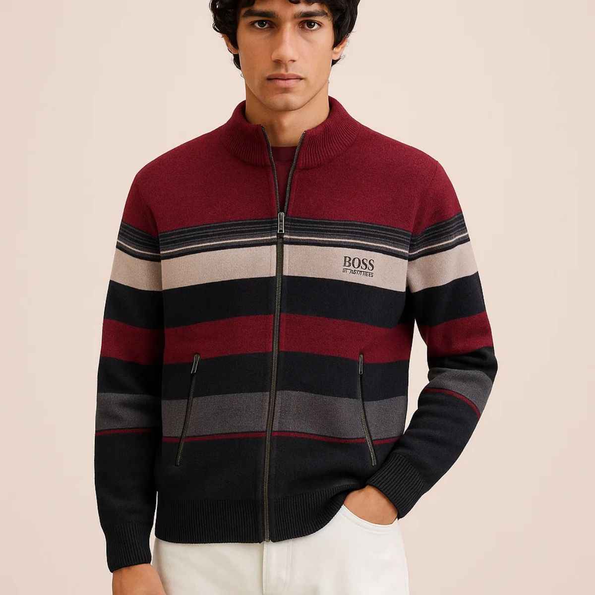 Mens Contrast Stripes Zipper Sweater (A-3855)