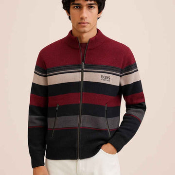 Mens Contrast Stripes Zipper Sweater (A-3855)
