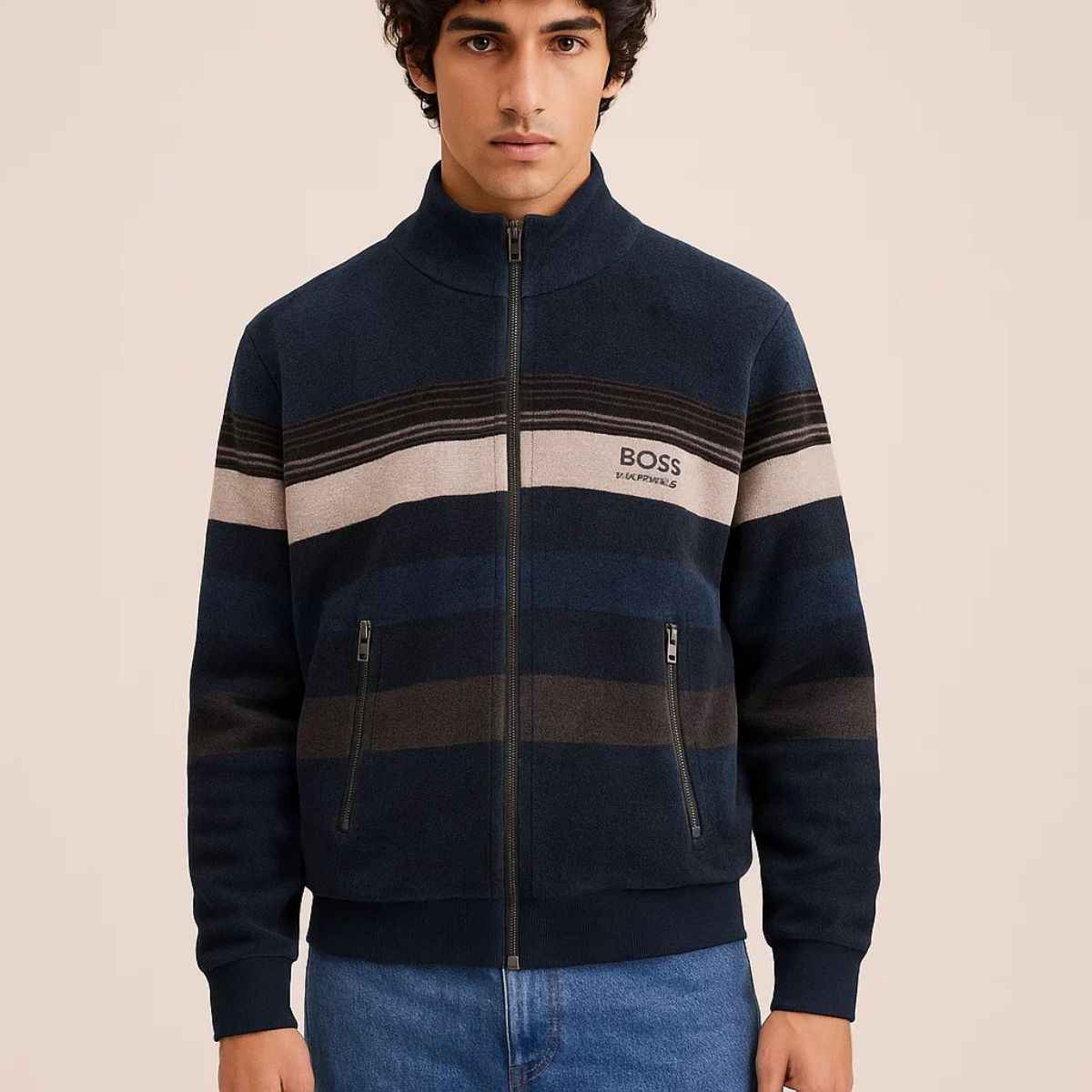 Mens Contrast Stripes Zipper Sweater (A-3855)