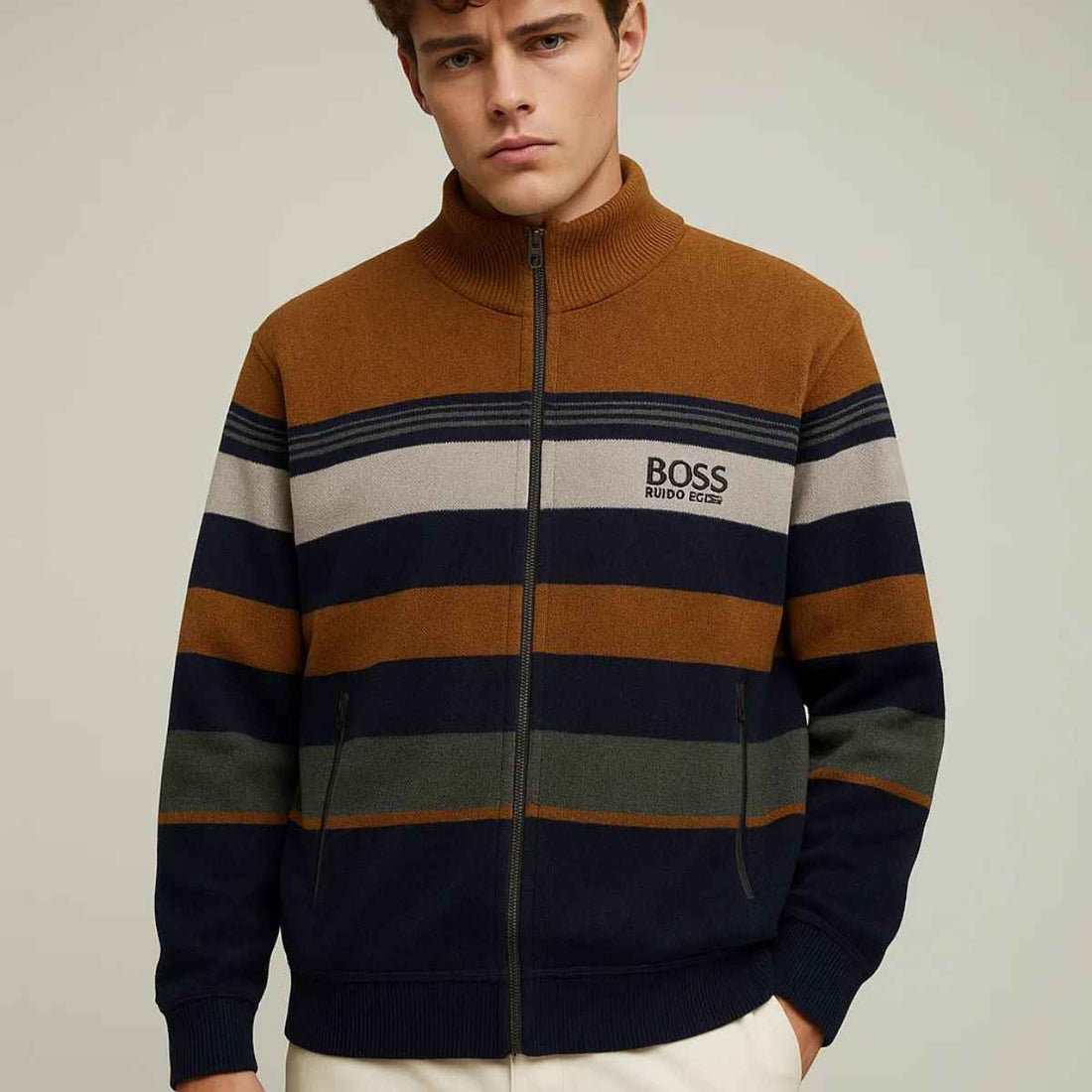 Mens Contrast Stripes Zipper Sweater (A-3855)