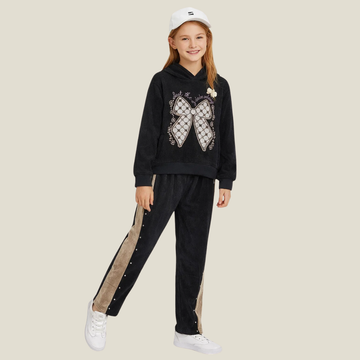 Black Girls Self Printed Hooded Co-Ord Set (A-3889)
