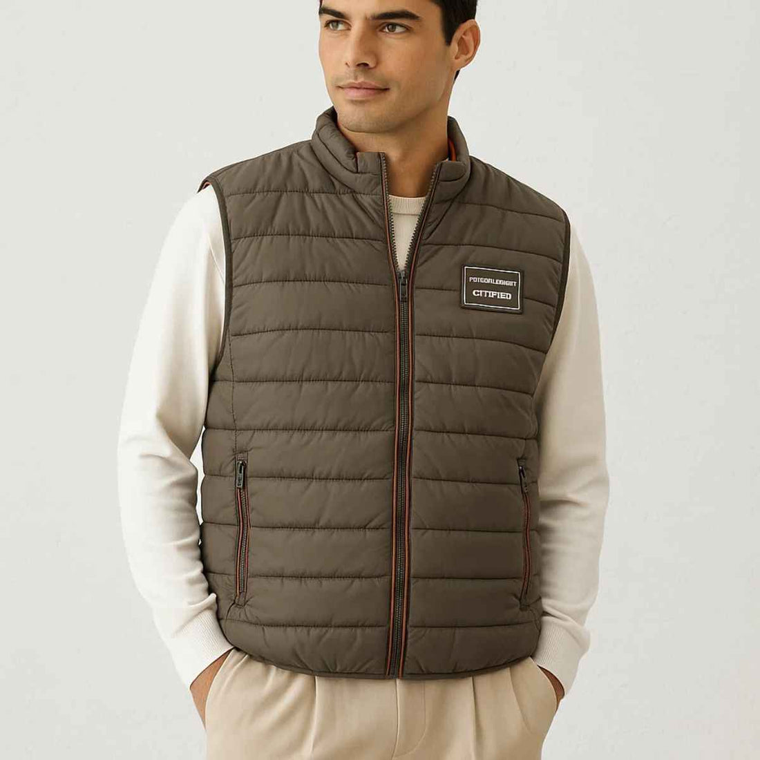 Lite Brown Puffer Sleeveless Jacket (A-2425)