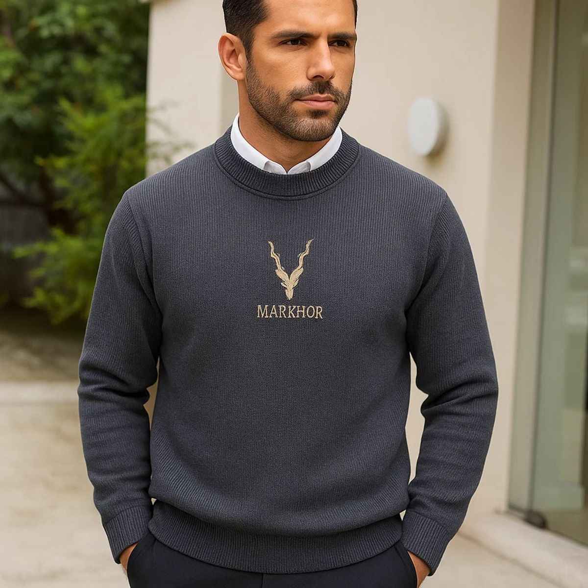 Grey Color Markhor Embroidery (A-2747)