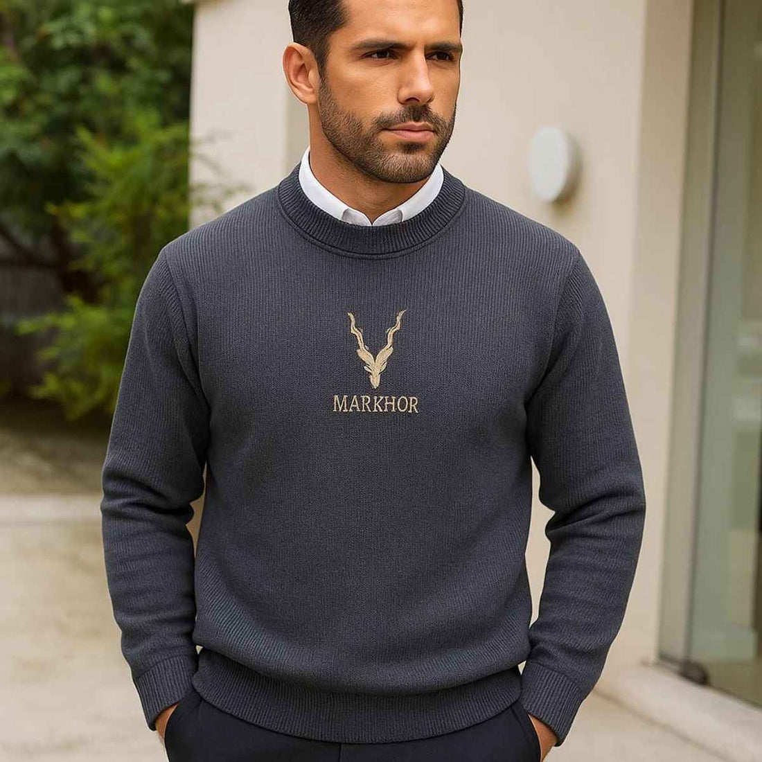 Grey Color Markhor Embroidery (A-2747)